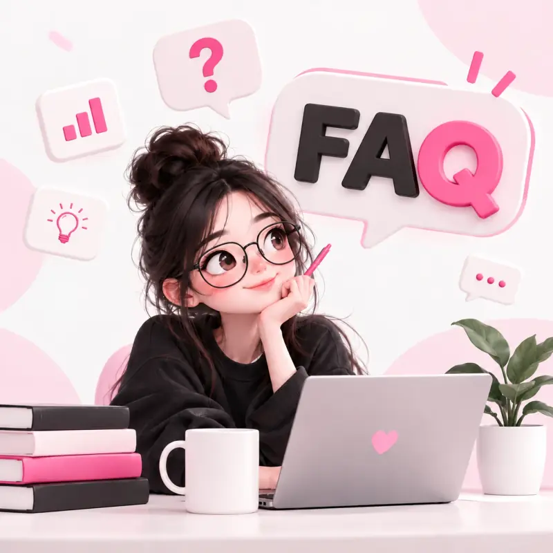 A girl in glasses at her laptop looks up at a FAQ speech bubble